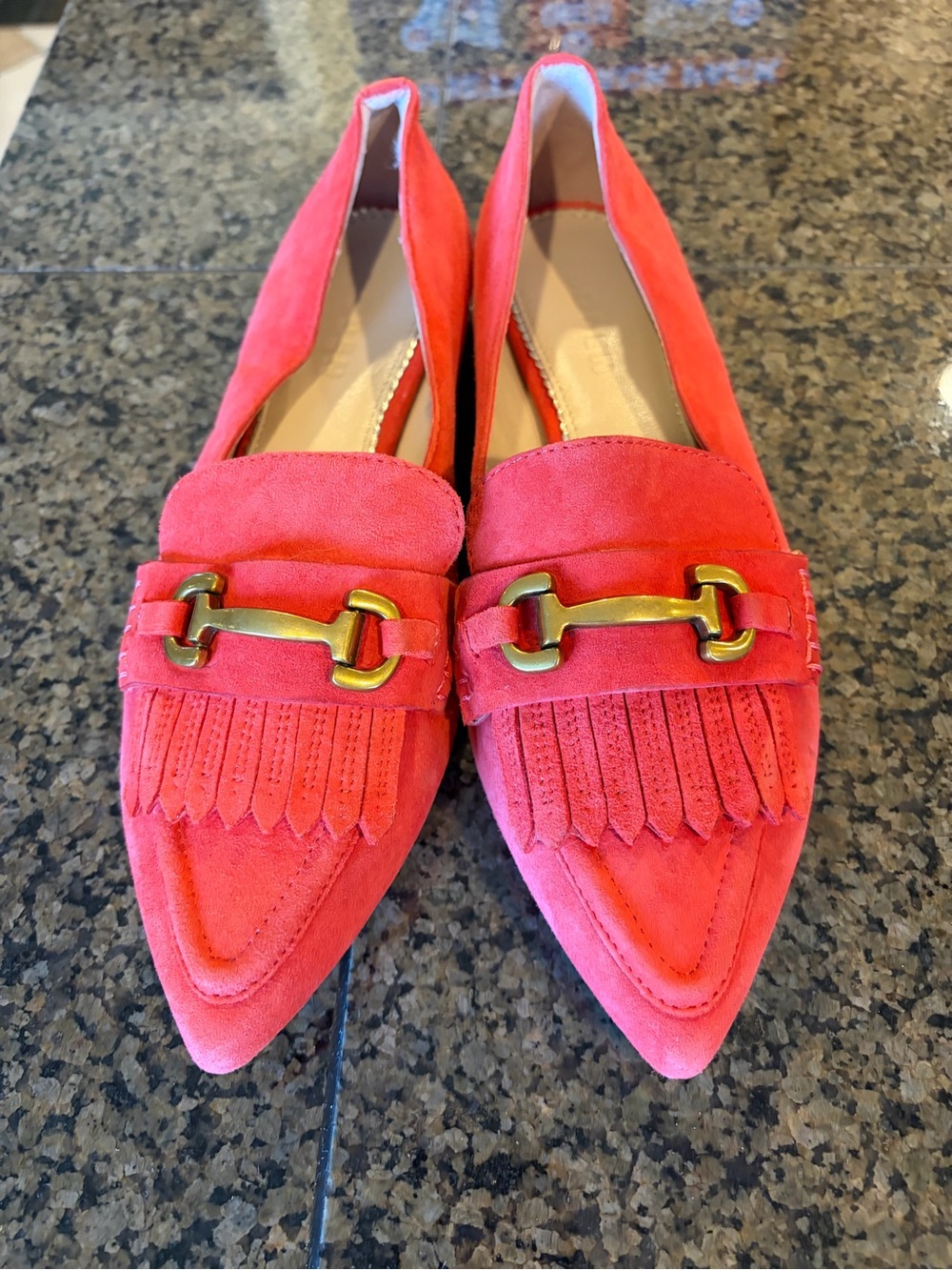 Boden Red Suede Pointed Fringe Loafers with Gold Bit